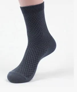 Men's bamboo fibre business socks with small square pattern in black, grey blue, iron grey, navy blue, and silver grey colours