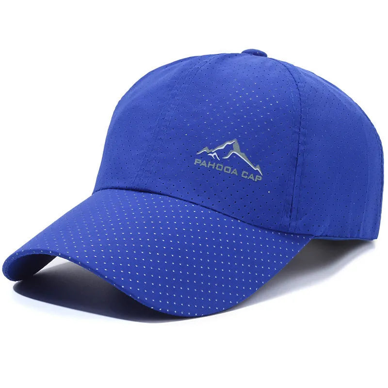 Adjustable baseball cap in polyester fabric on a solid colour background, showing dome crown and strap.
