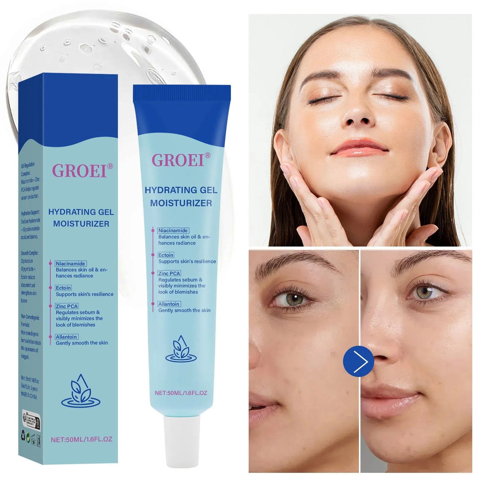 50ml moisturising facial gel with hyaluronic acid in white pump bottle