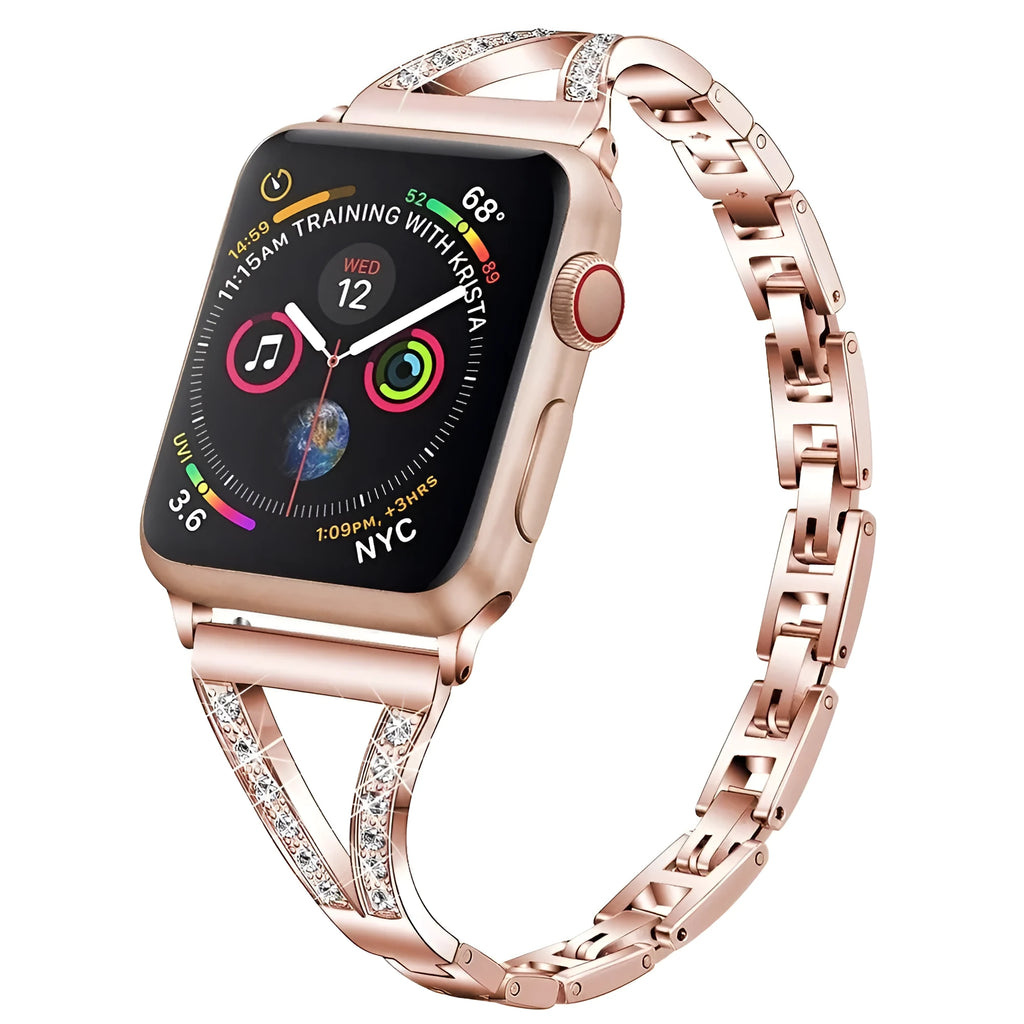 Stainless steel watch band with diamond studs in black, gold, pink, rose gold, and white colour options.