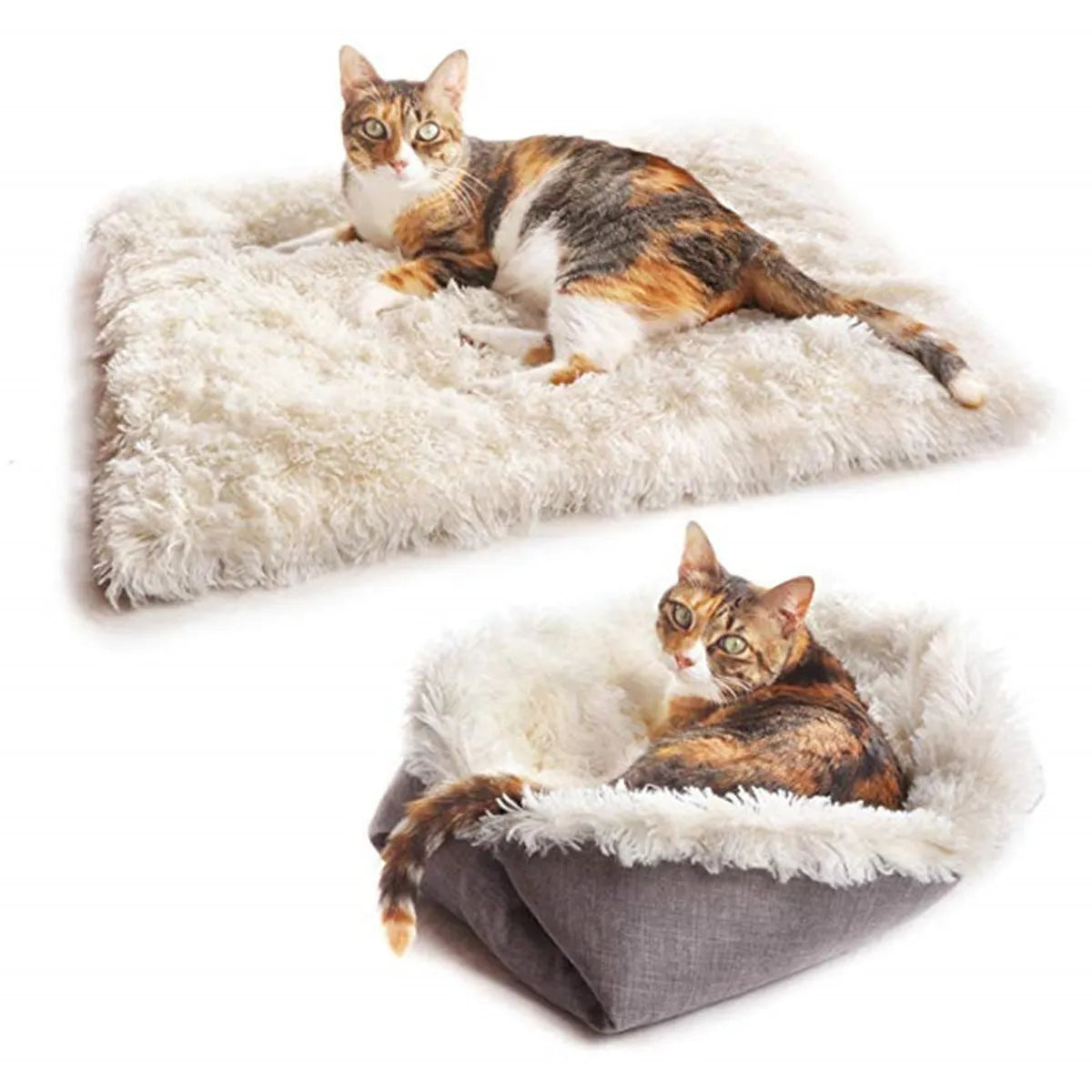 Foldable pet bed mat in plush and imitation linen with multiple colour options