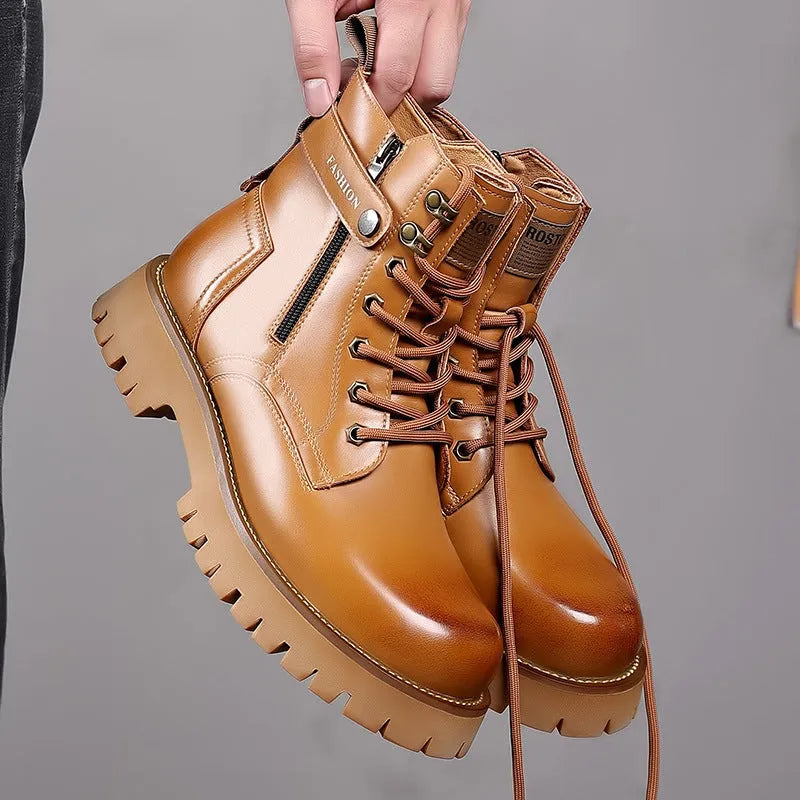 Men's light brown Martin boots with side zipper and thick rubber soles