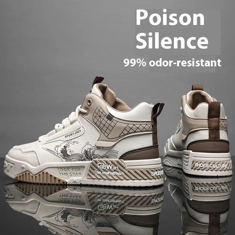 Men's beige high-top board shoes with rubber sole and lace-up front