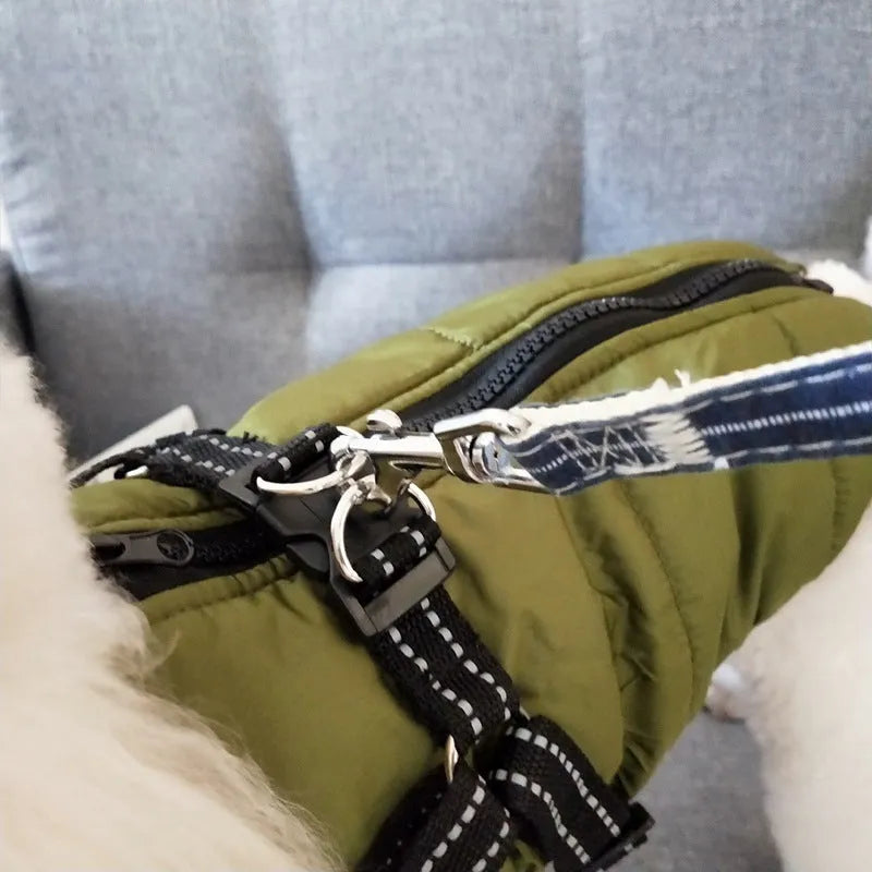 Waterproof dog coat with integrated harness in rain silk fabric, available in multiple sizes and colours