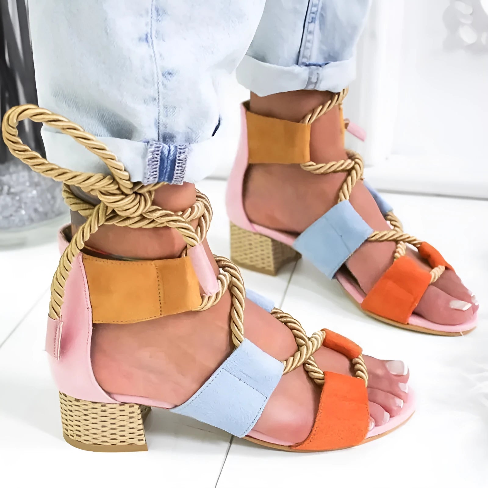 Women's round head sandals with thick colour-matched heel and fish mouth toe in multiple colour options