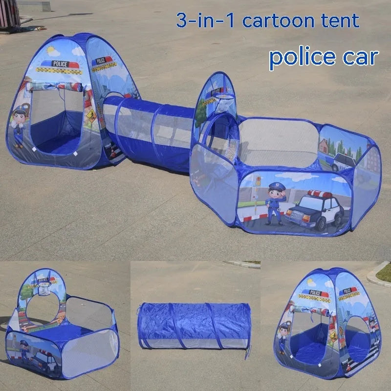 Colourful marine cartoon children's tent with integrated ball pool and crawl tunnel