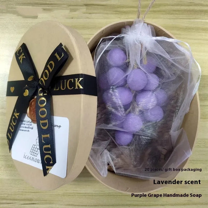 Handmade grape and litchi cleansing soap bars, 120g each, in gift box and mesh bag bulk packaging.