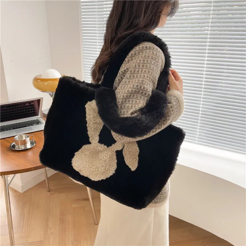 Plush cartoon rabbit ears shoulder bag in solid colour with large capacity design