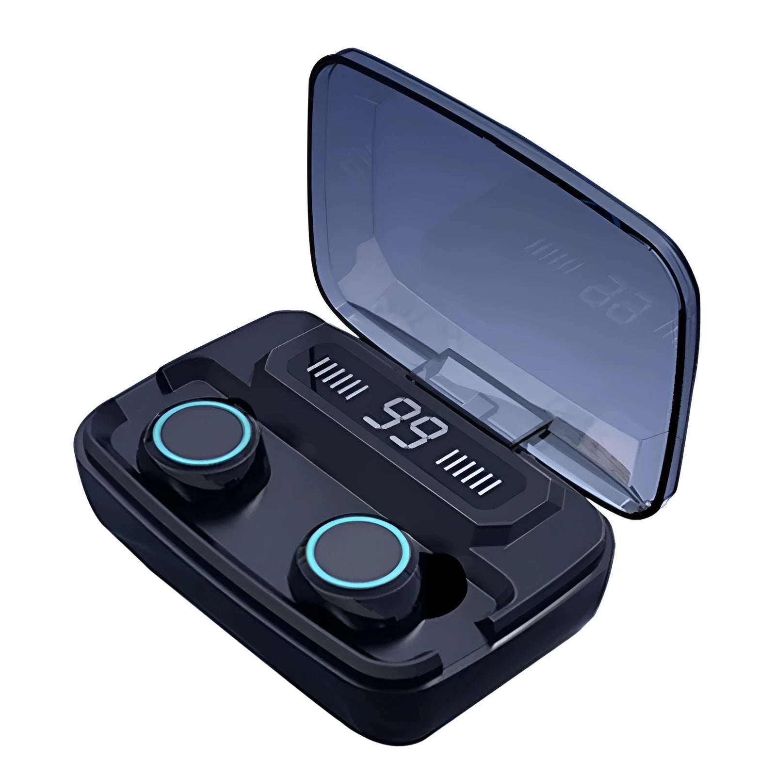 Black M11 style wireless Bluetooth headset with digital display, shown with its mobile phone holder and charging case.