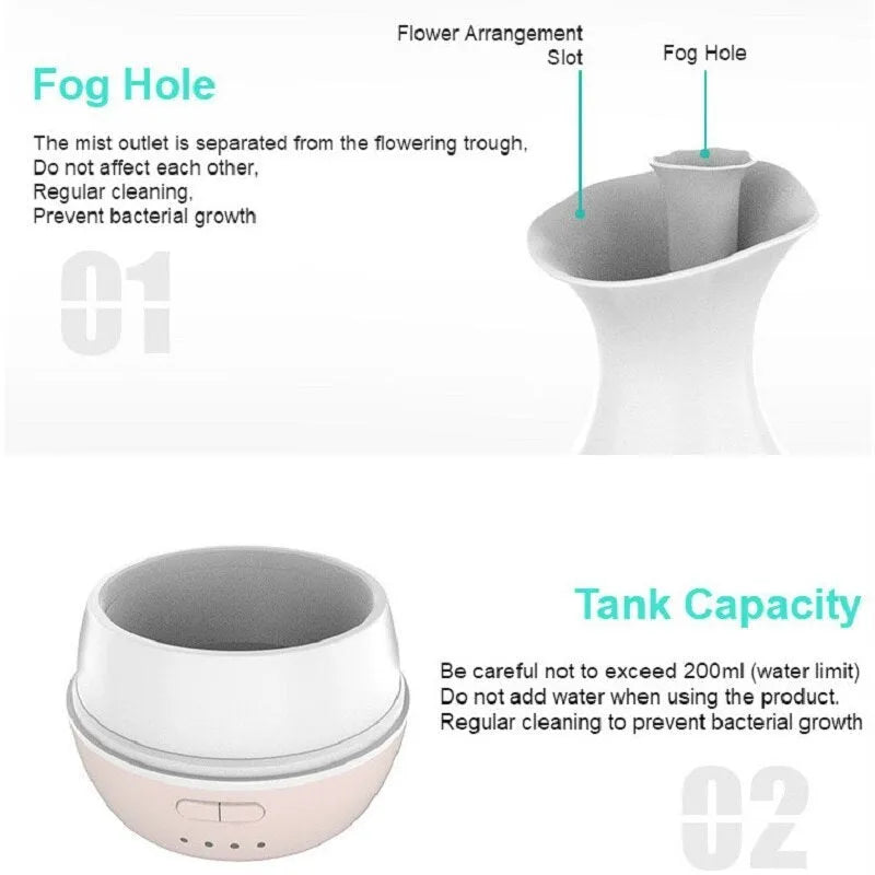 White ultrasonic air humidifier and essential oil diffuser with colourful night light and 200ml water tank