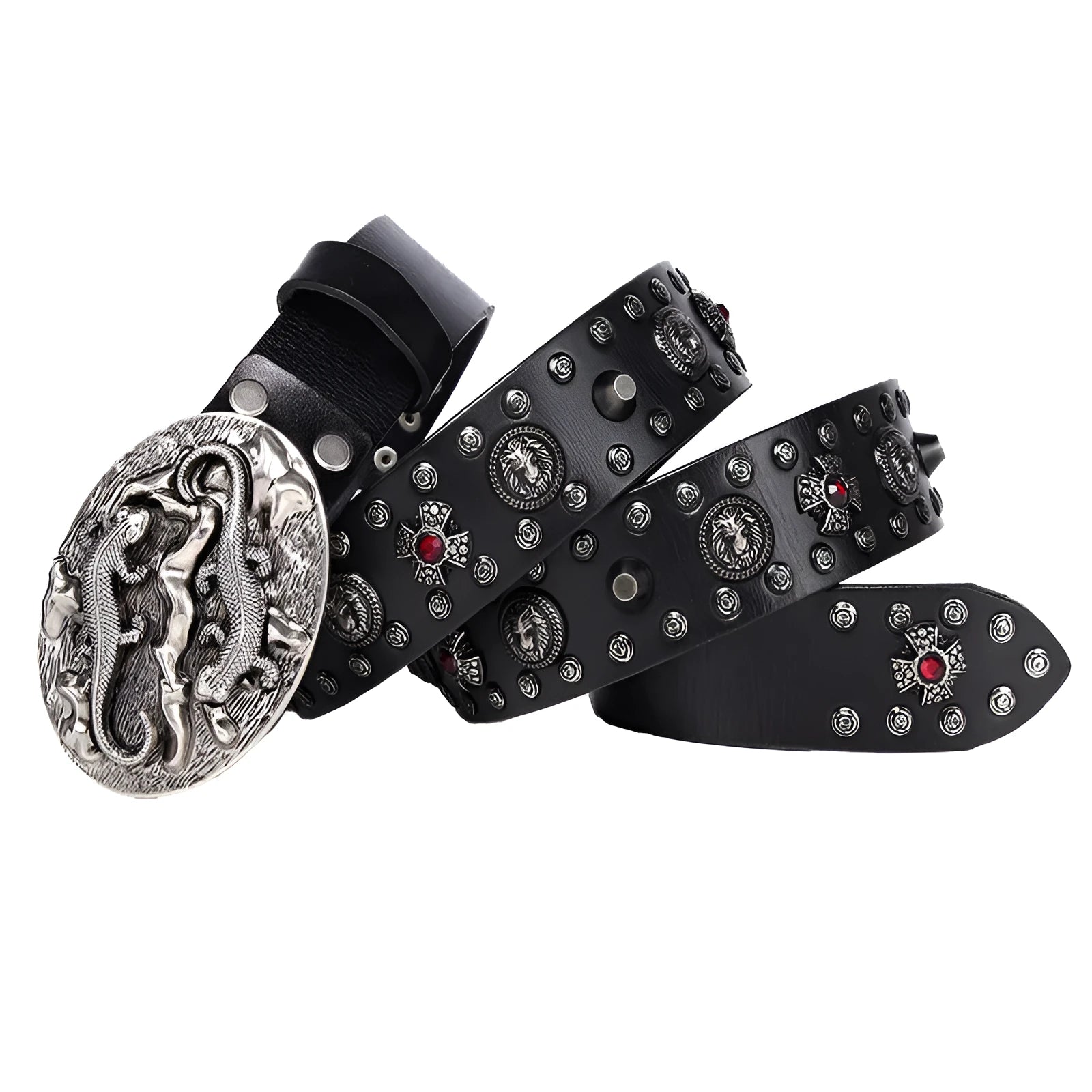 Men's black leather belt with punk-style alloy buckle featuring rivet details, laid flat showing length.