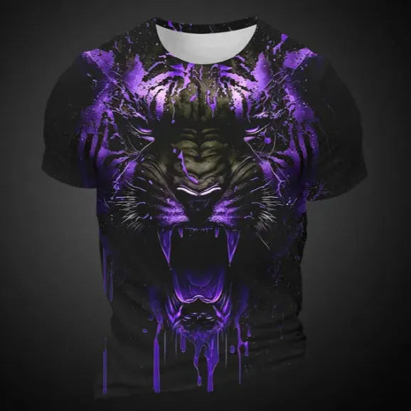 Men's grey T-shirt with detailed 3D tiger pattern print on front, short sleeves, pullover style