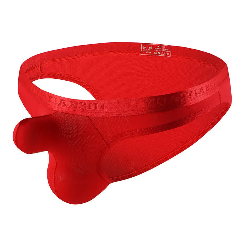 Men's thin low waist solid colour underwear in nylon fabric, shown in one of six colour options.