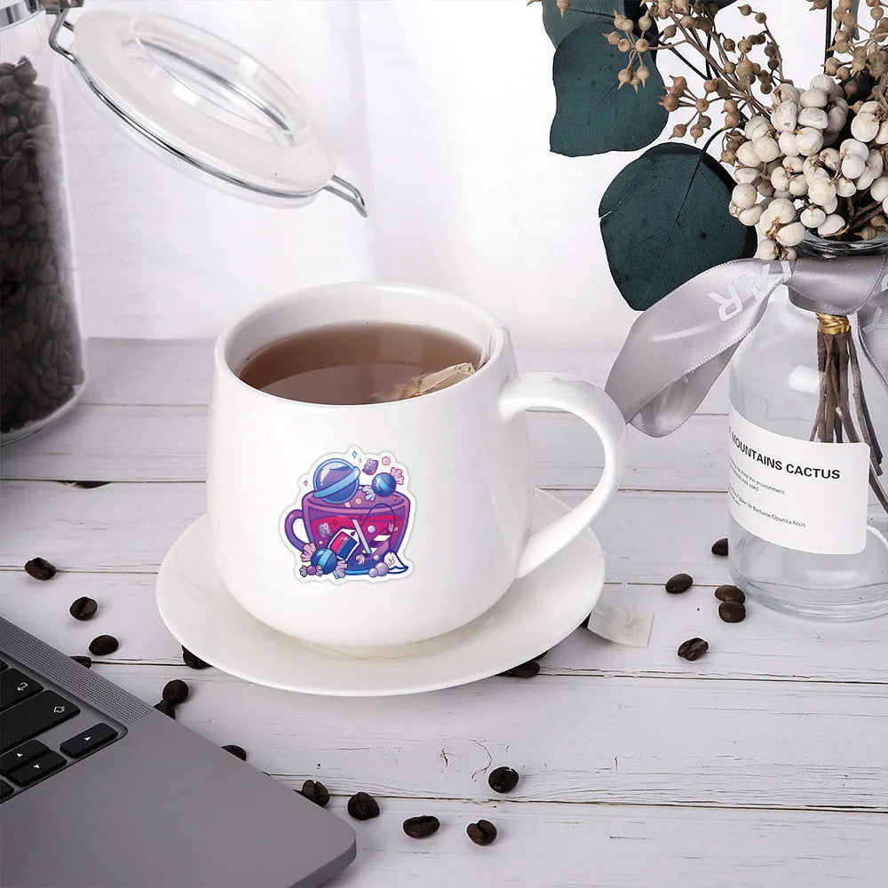 Pack of 50 colourful tea cup graffiti waterproof stickers in a Nordic style for luggage and scooter customisation.