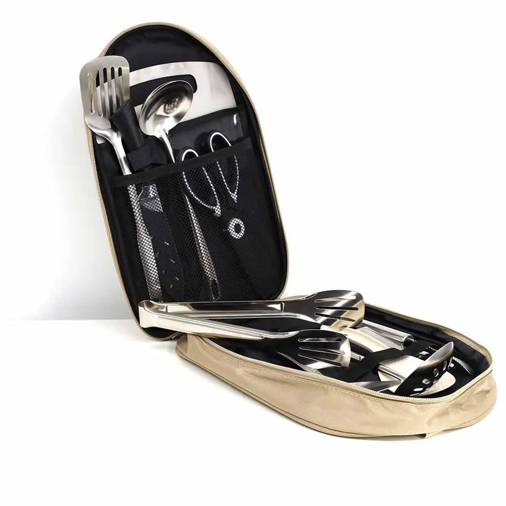 12-piece stainless steel portable picnic kitchenware set in a khaki storage bag.