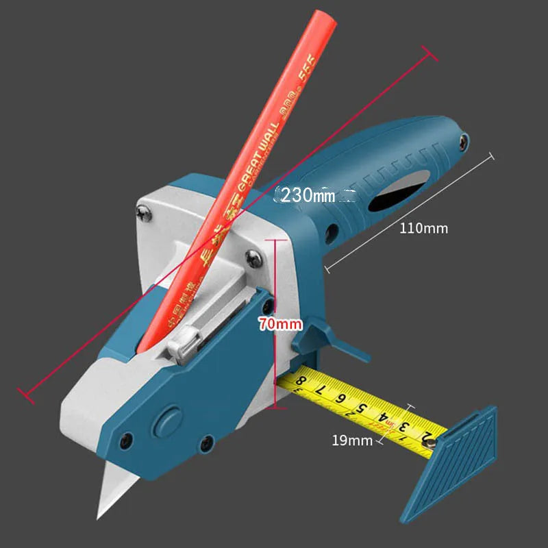 Blue multifunctional woodworking cutter with one-press lock and measuring scale for board materials.