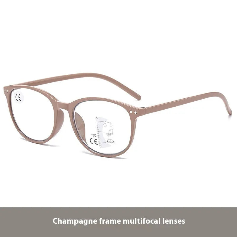 Women's ultra-light presbyopic glasses with multi-focus lenses in various frame colour options