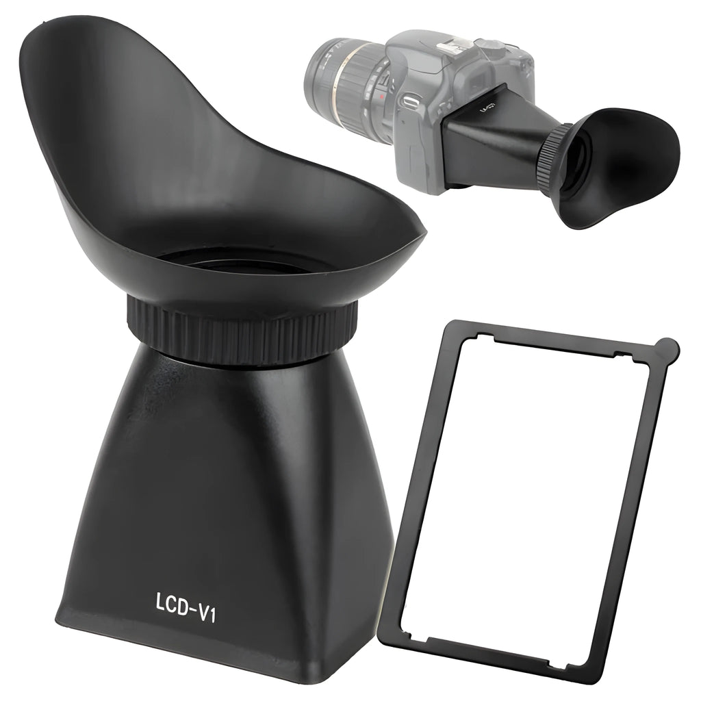 Black camera LCD viewfinder with magnification for DSLR and mirrorless cameras