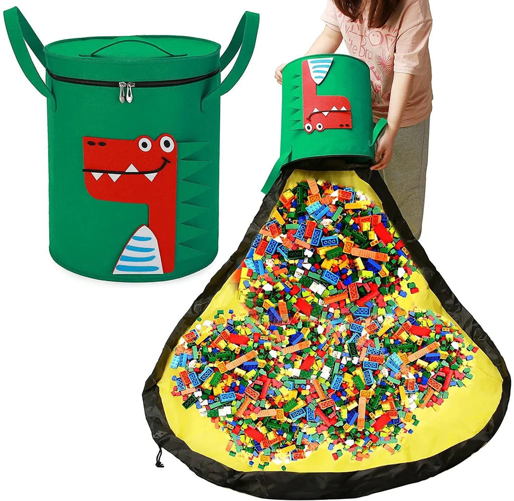 Green felt cube storage bag with pull rope, shown as a toy organiser and play mat.