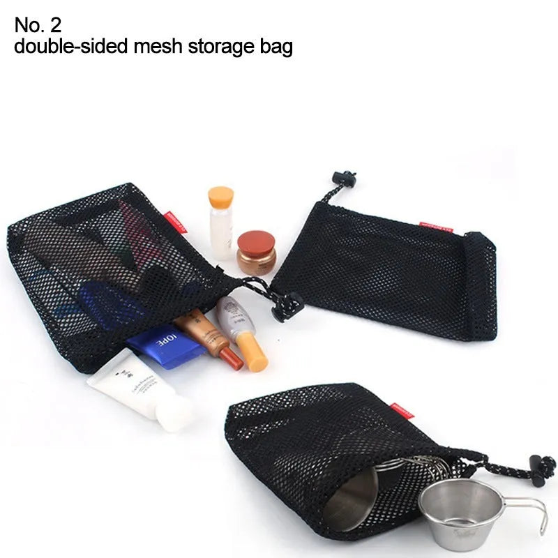 Red outdoor travel storage bag set with 5 pieces showing mesh panels and zipper closures