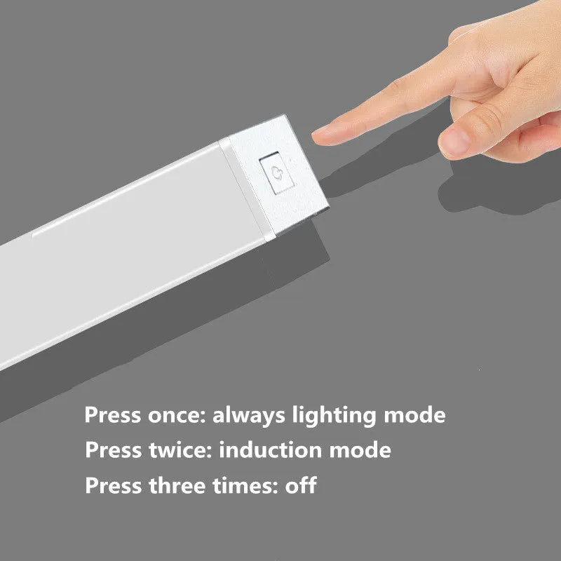 Aluminium USB rechargeable LED light with magnetic back for wardrobes in white or warm white.