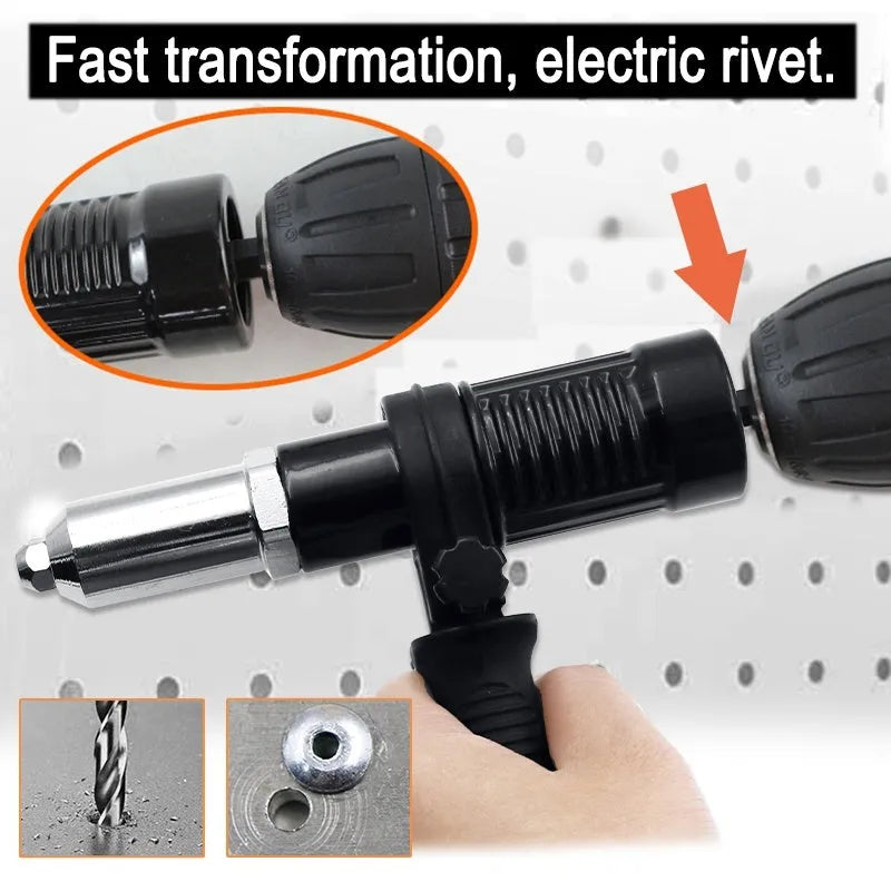 Black metal electric drill rivet gun with handle, wrench, and rivet heads, 173mm long.