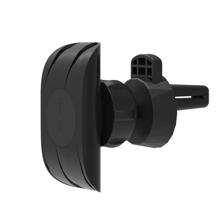 Black car phone holder attached to car air vent with adjustable arms holding mobile device