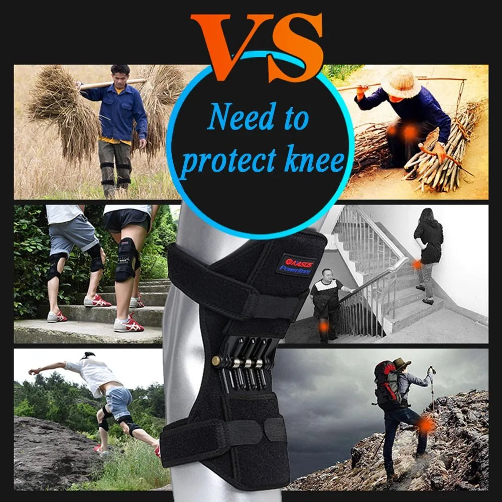 Adjustable black spring knee brace with straps and venting holes for sports support.