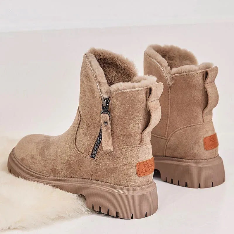 Women's black thick plush high-top snow boots with a side zipper and faux fur lining.