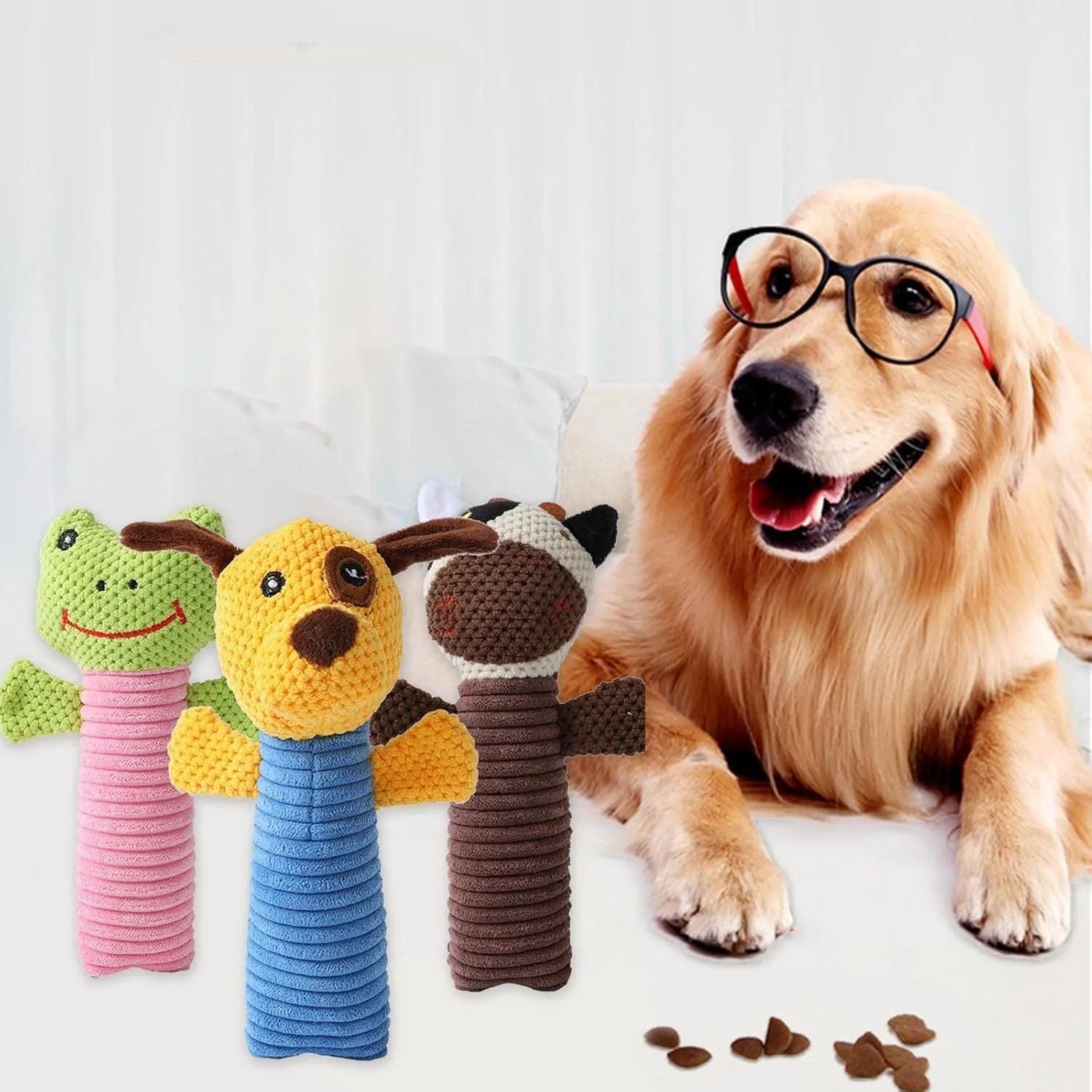 Squeaky stuffed dog chew toy in animal design for dental cleaning and teething relief