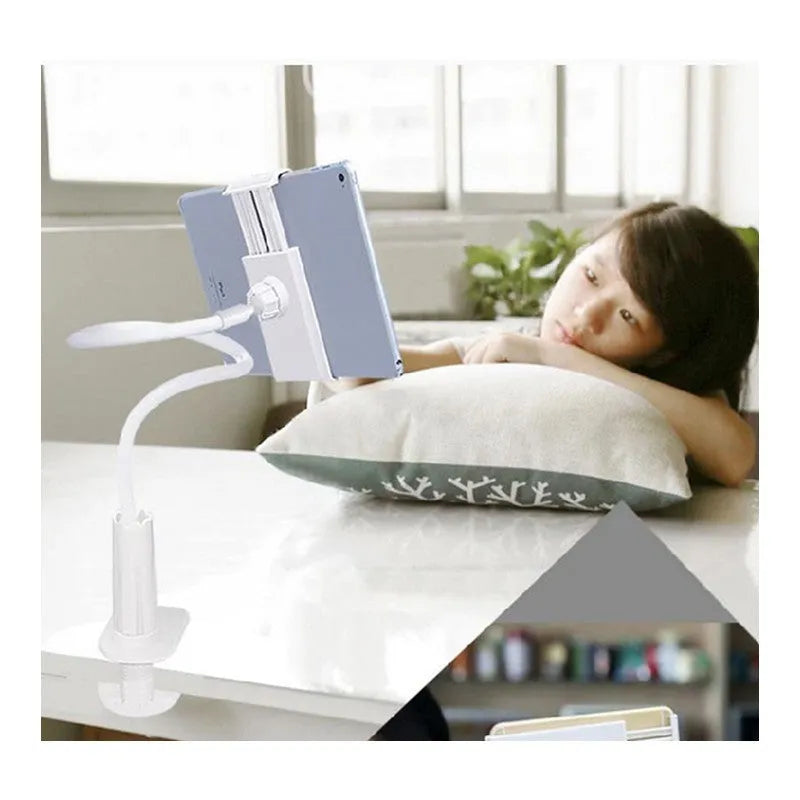 Black and white flexible mount holder with suction base and adjustable arm for smartphones and tablets