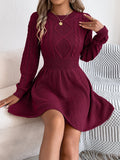 Women's artificial fur sweater dress with twist waist and lantern sleeves in wine red