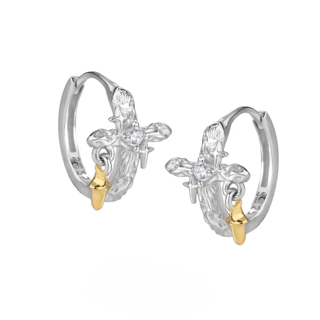 925 sterling silver geometric cross earrings with circular elements in white gold colour finish
