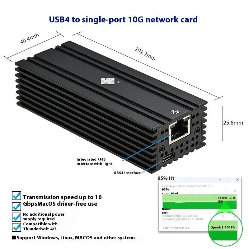 Black Leyu USB4 to RJ45 10 gigabit network adapter with 20cm cable on a desk