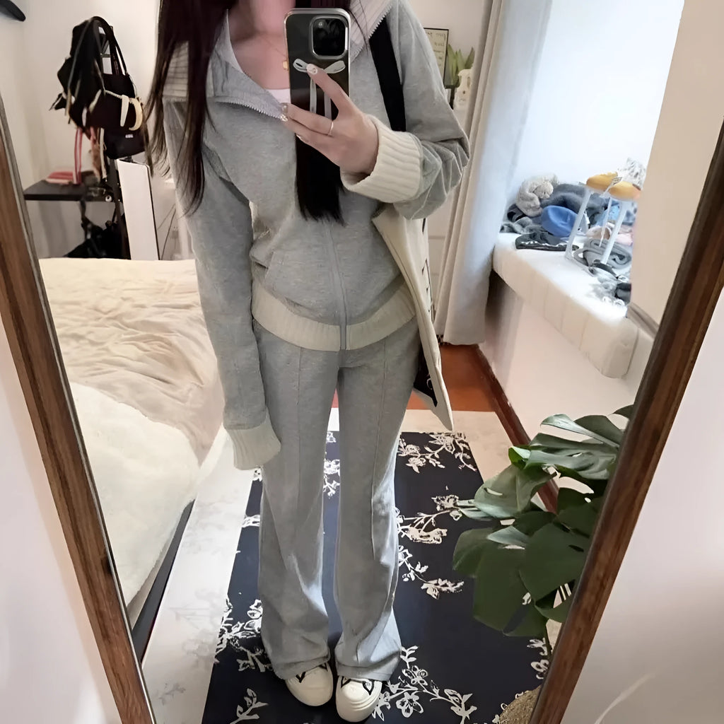 Light gray women's two-piece casual set with coat and wide leg trousers