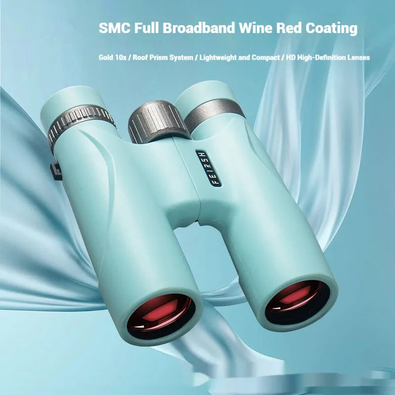 Blue and grey compact 10x32 binoculars with wine red film imaging lenses
