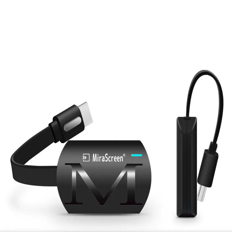 Black smartphone to TV dongle with USB and HDMI connectors for screen mirroring