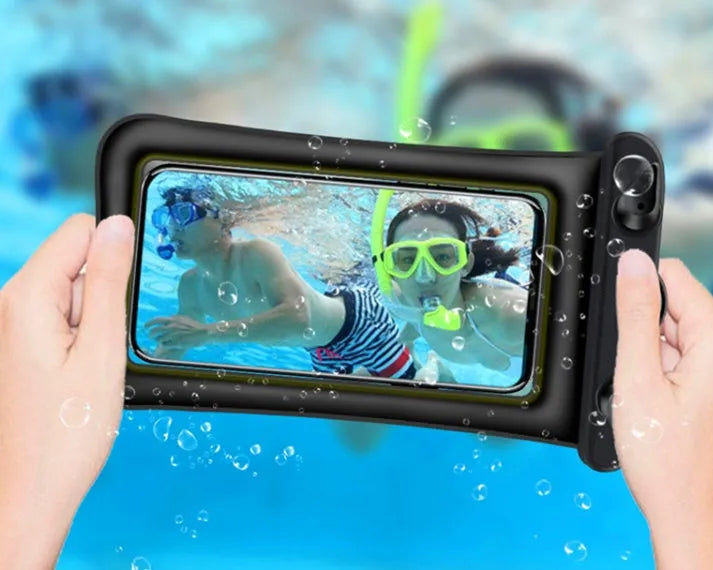 Orange waterproof phone pouch with clear window and black neck rope on a blue background.