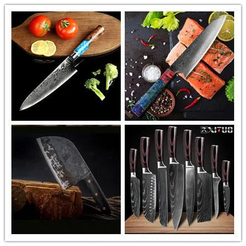 8-piece kitchen knife set with chef's knife, meat cutter, and additional Damascus steel carving knife on wooden board