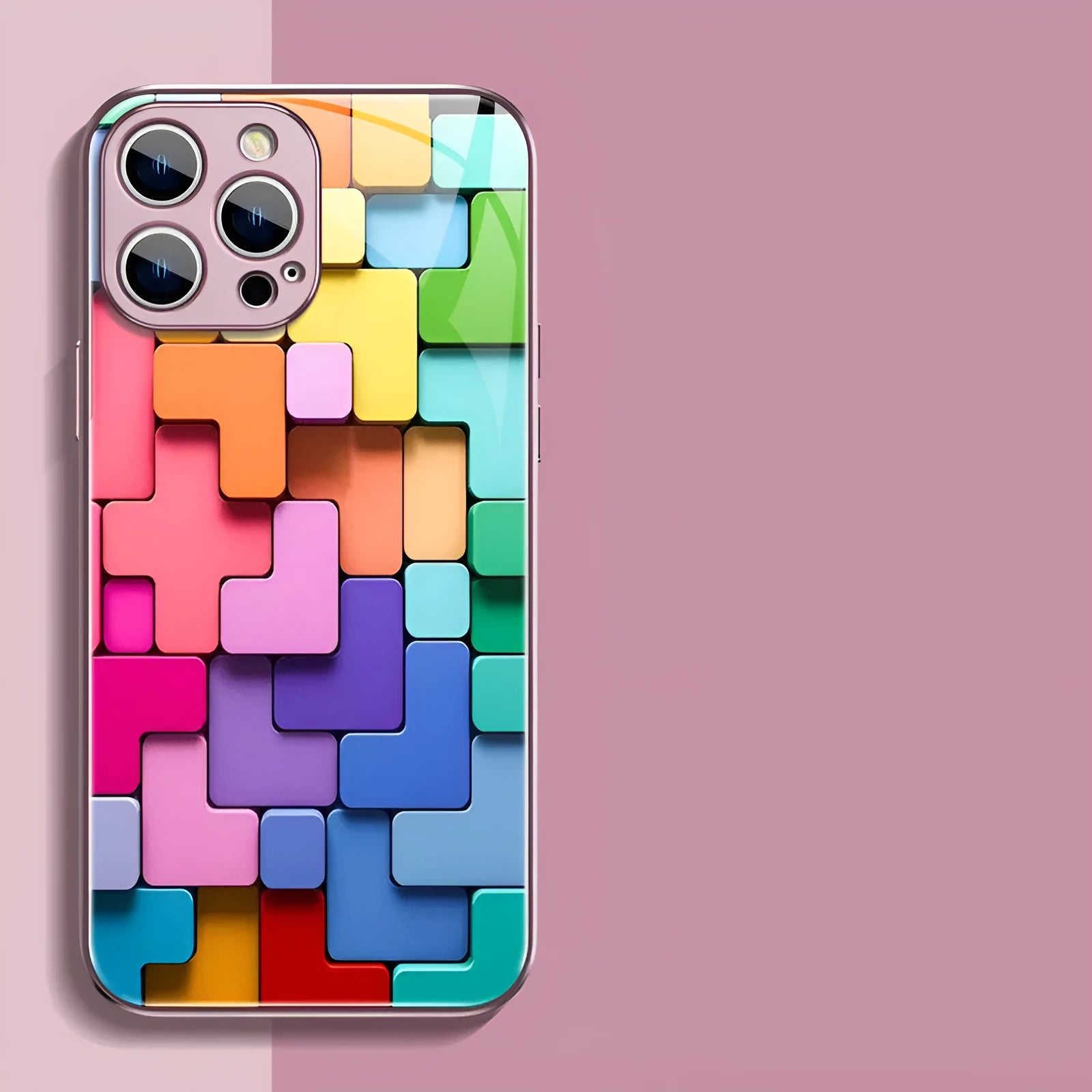 Silicone iPhone case with colourful building block cartoon geometric design on back cover