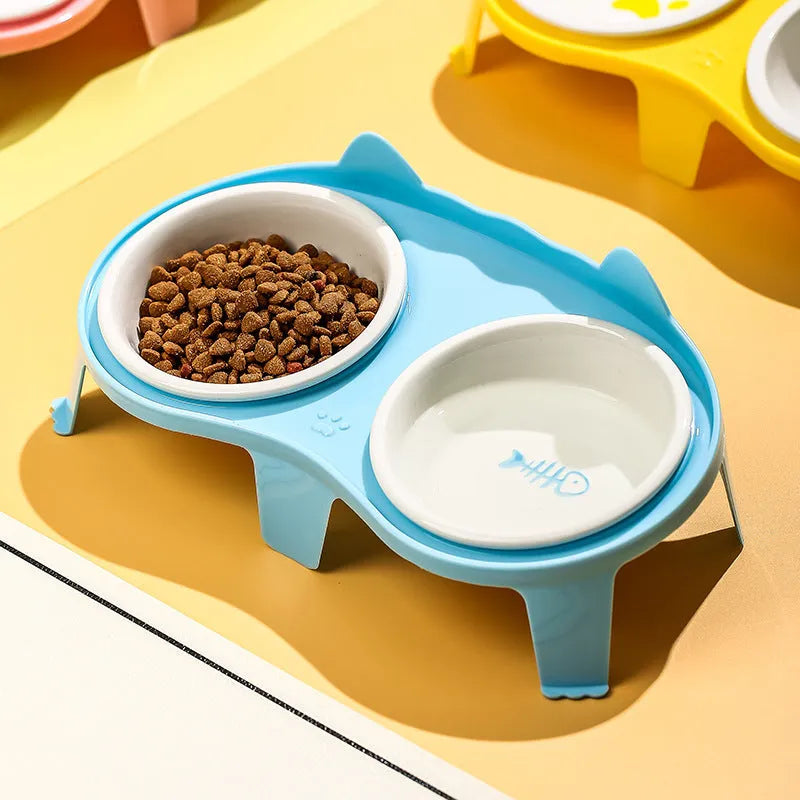 Ceramic cat food and water bowl set with tilted elevated stand in blue colour option