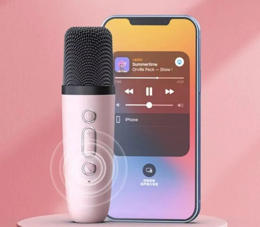 Portable Bluetooth speaker with microphone and coloured LED lights in pink, sky blue, or white.