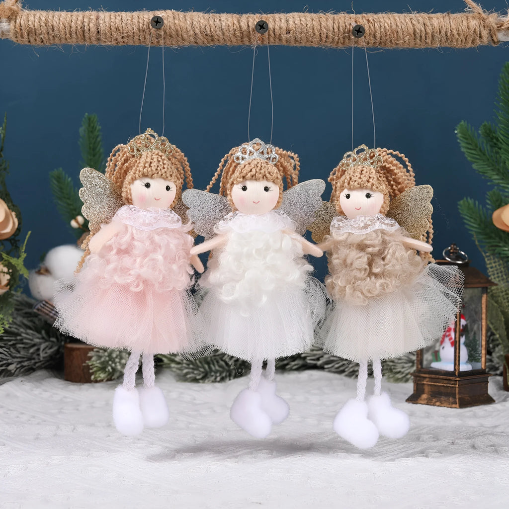 Christmas angel girl cloth pendant with high ponytail and crown in white pink or khaki