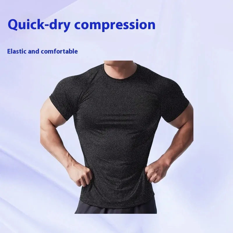 Men's cationic polyester running short sleeve top in green with tight stretch construction