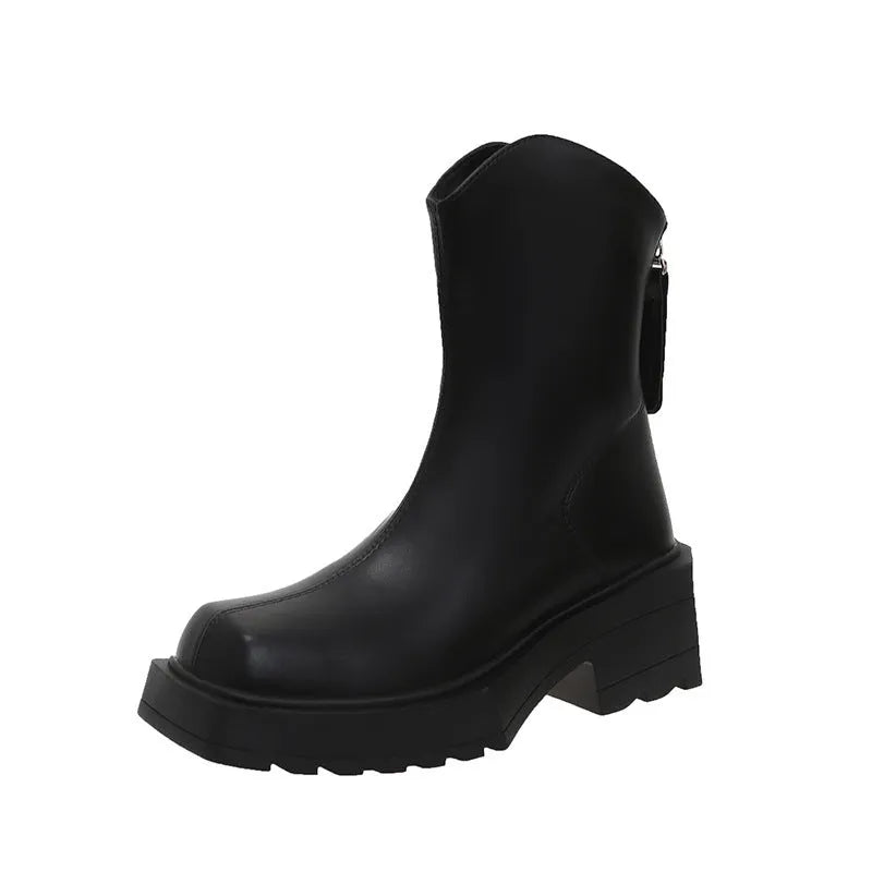Black platform Martin boots for women with square toe, high heel, and back zipper.