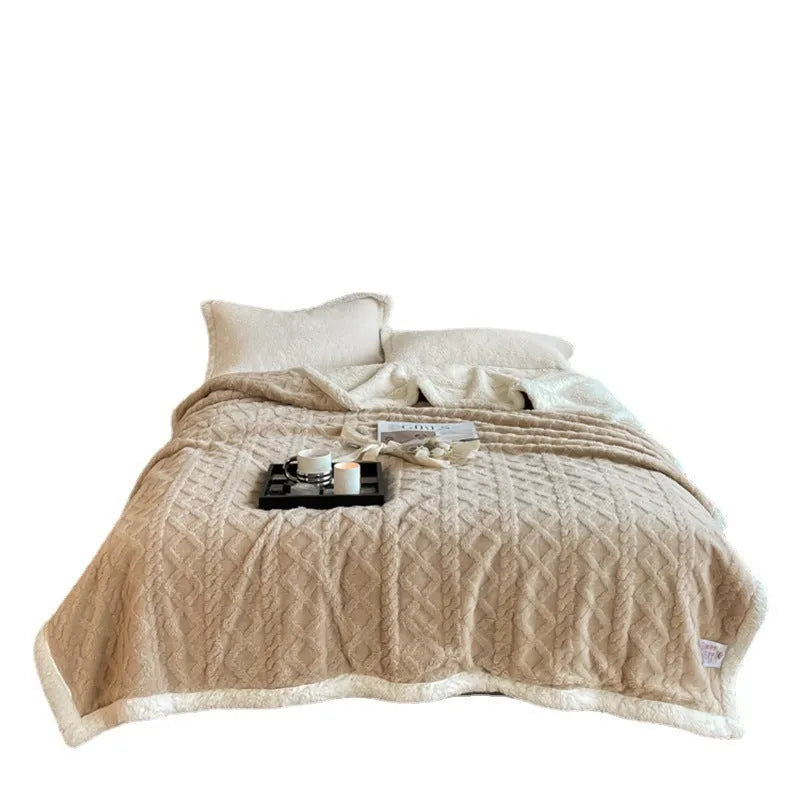 Polyester flannel winter blanket in tea green colour showing taffeta thermal weave texture