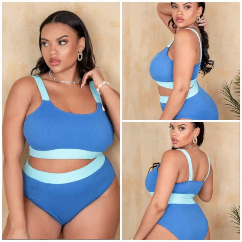 Women's solid-colour high-waist bikini set with brief bottom and visible stitching detail