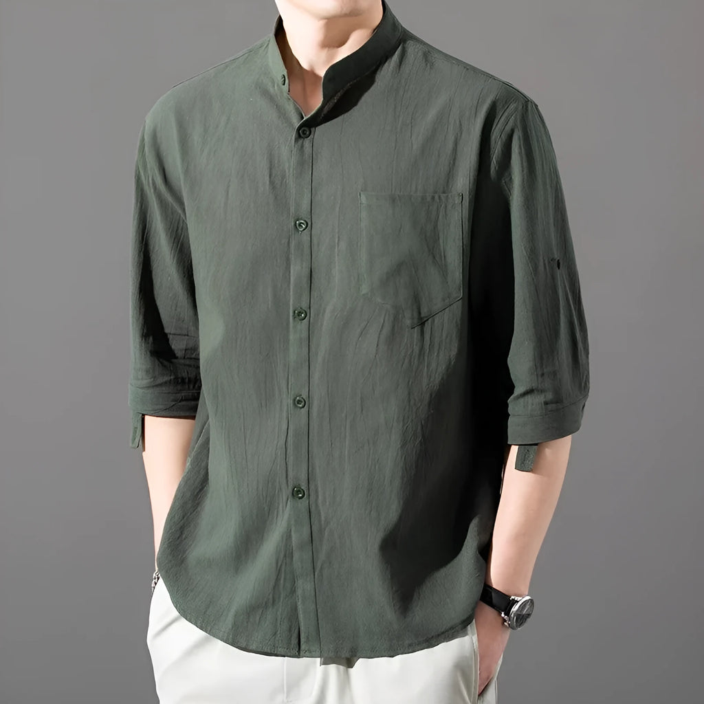 Men's cotton blend short sleeve shirt in loose cardigan style, solid black colour, with three-quarter sleeves
