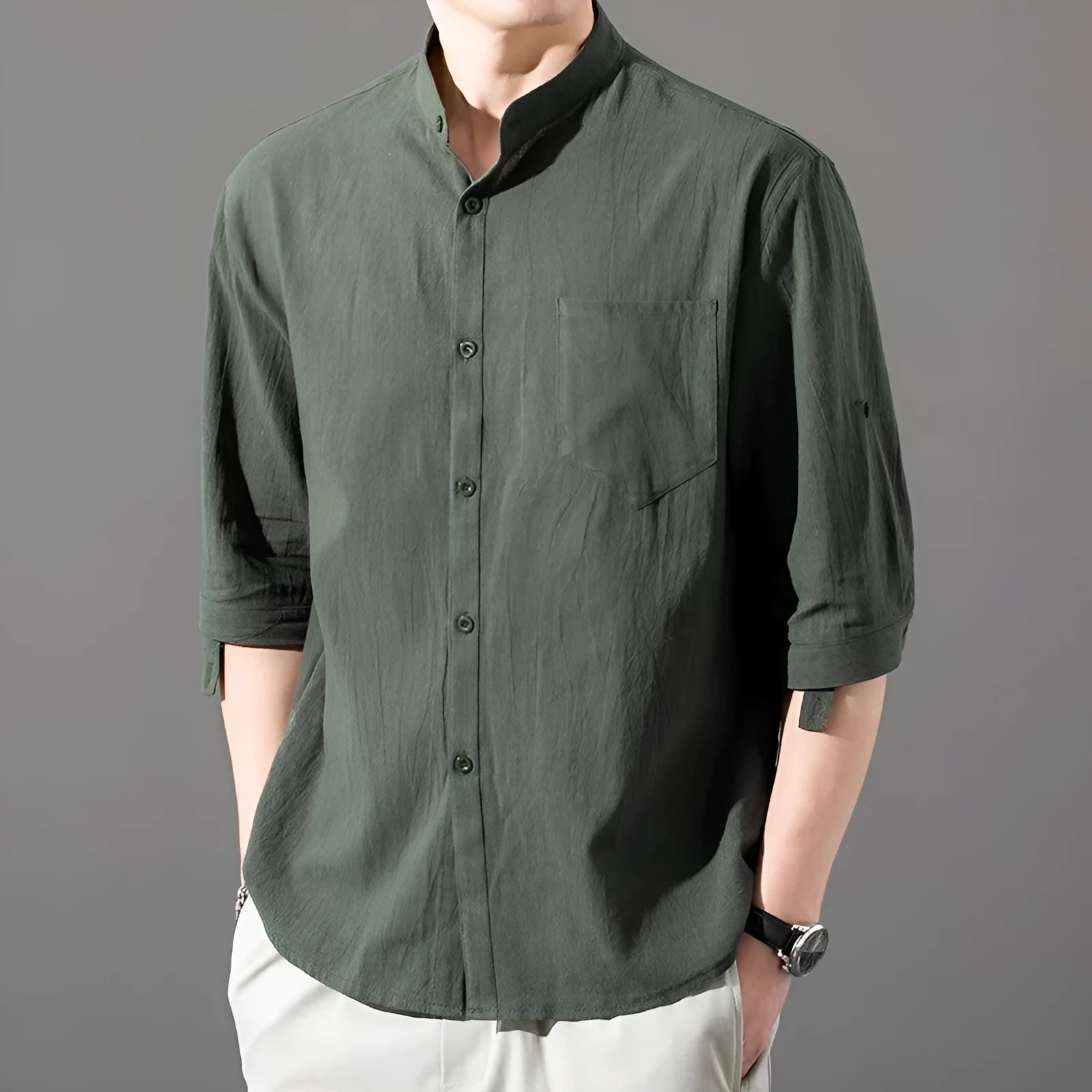 Men's cotton blend short sleeve shirt in loose cardigan style, solid black colour, with three-quarter sleeves
