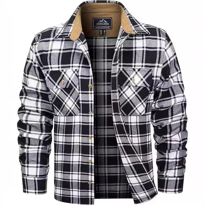 Men's polyester flannel button shirt with plaid pattern in green, navy, orange, and wine red colors available in sizes S to 5XL